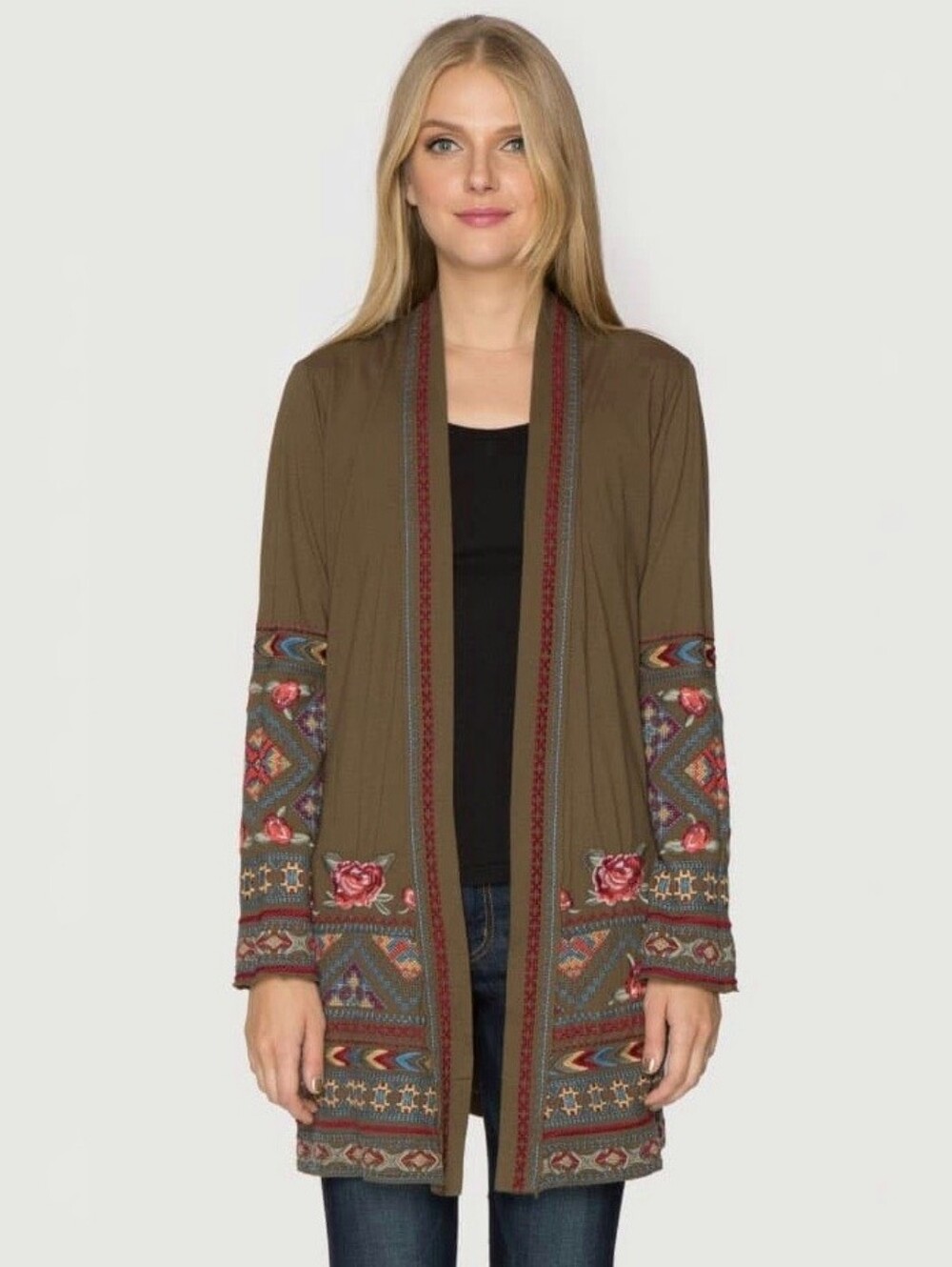 Johnny Was Jody Duster Cardigan floral embroidered dark olive green womens large